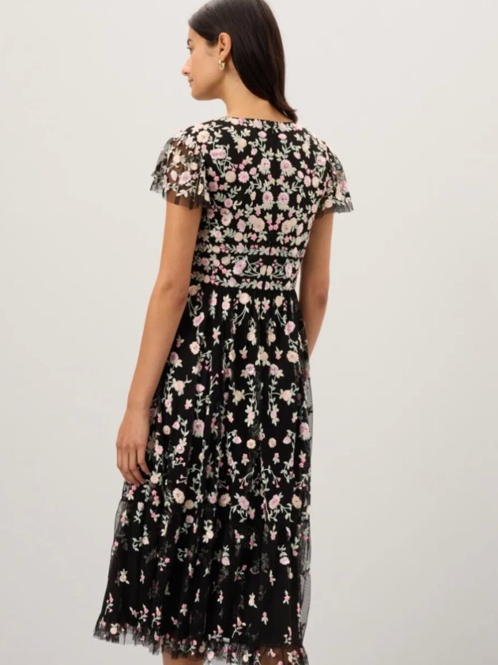 Mac Duggal Black Multicolor Embroidered V Neck Cap Sleeve Midi Dress Size 8 - Picture 8 of 11
